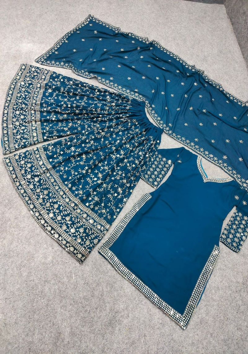 Designer Navy Blue Sharara Suit With Soft Net Dupatta