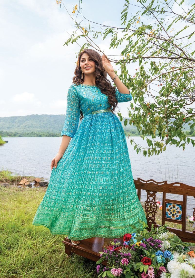 Turquoise-Green Flared Gown
