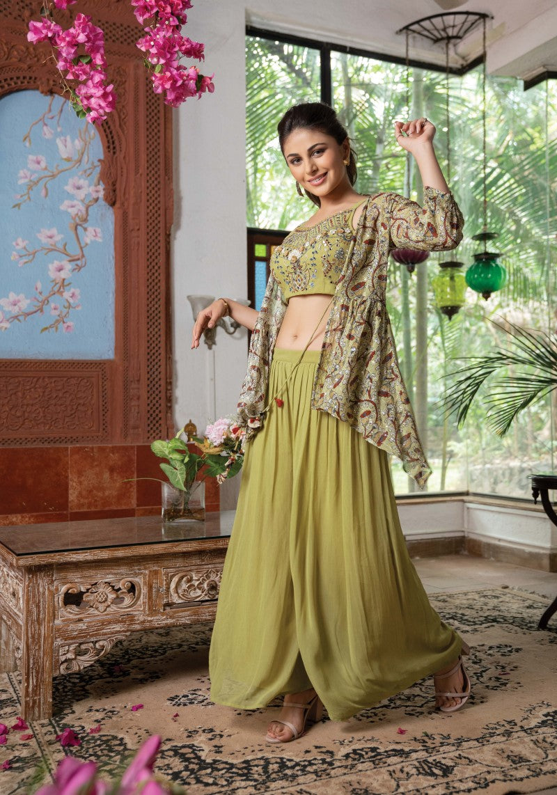 Buy Bottle Green Palazzo Suit With Matching Jacket And Embroidered Floral  Jaal Online - Kalki Fashion