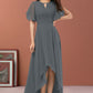 Front view of the model wearing Women's Western Ever-Pretty High Low One Piece Dress in grey color with attractive flared sleeves and a pleated keyhole neck design.