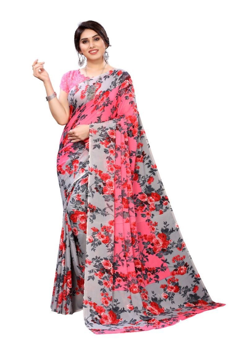 Pink Floral Printed Georgette Saree With Blouse