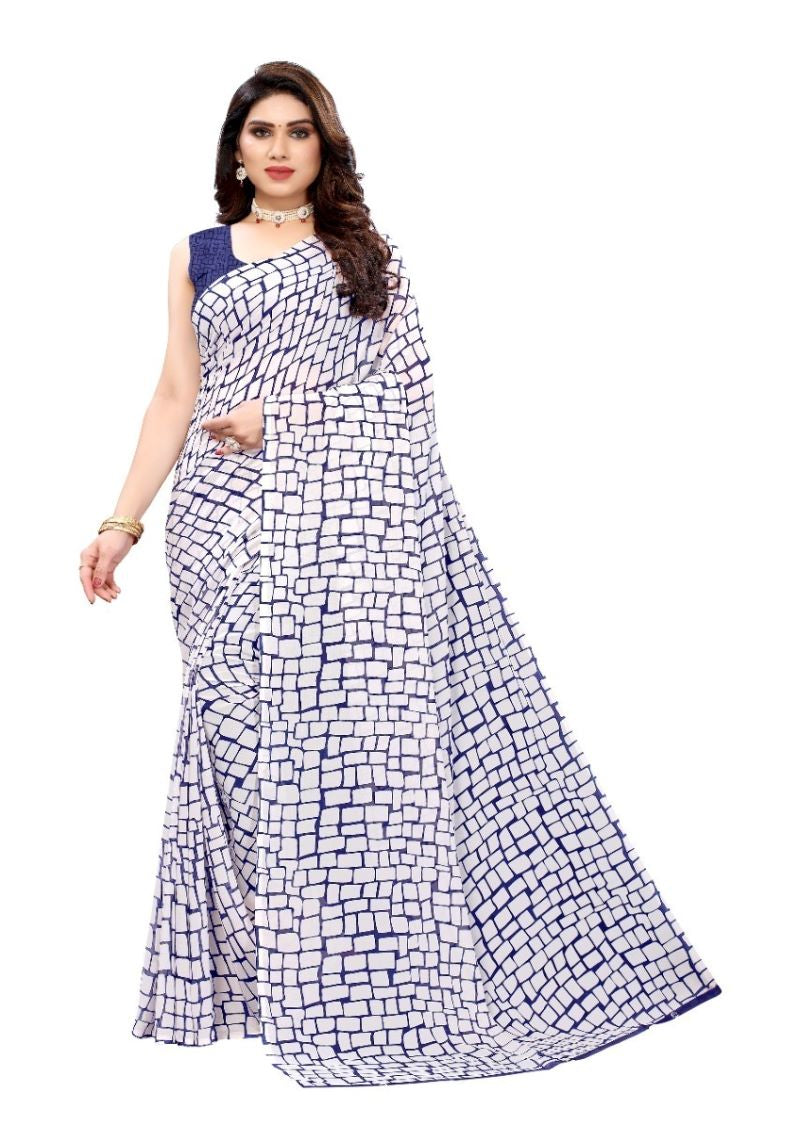 Block Printed Blue Georgette Saree With Blouse
