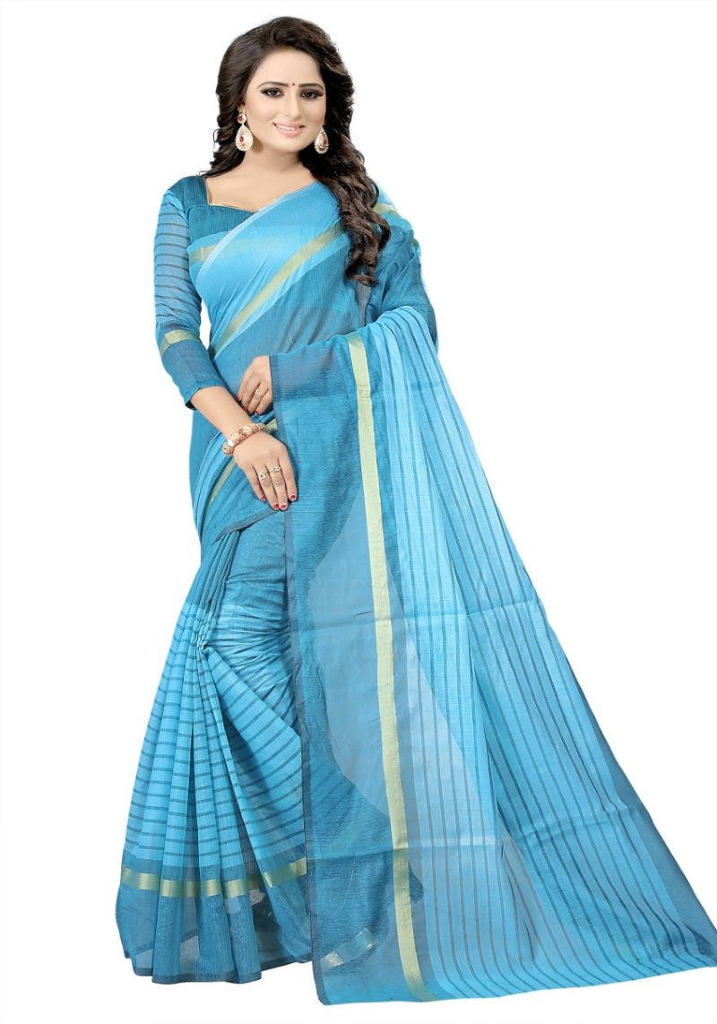 Blue Self Pattern Chanderi Cotton Saree with Blouse