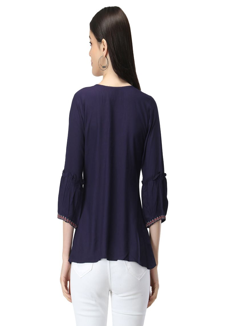 Women's Embroidery Blue Rayon Top Back Pose