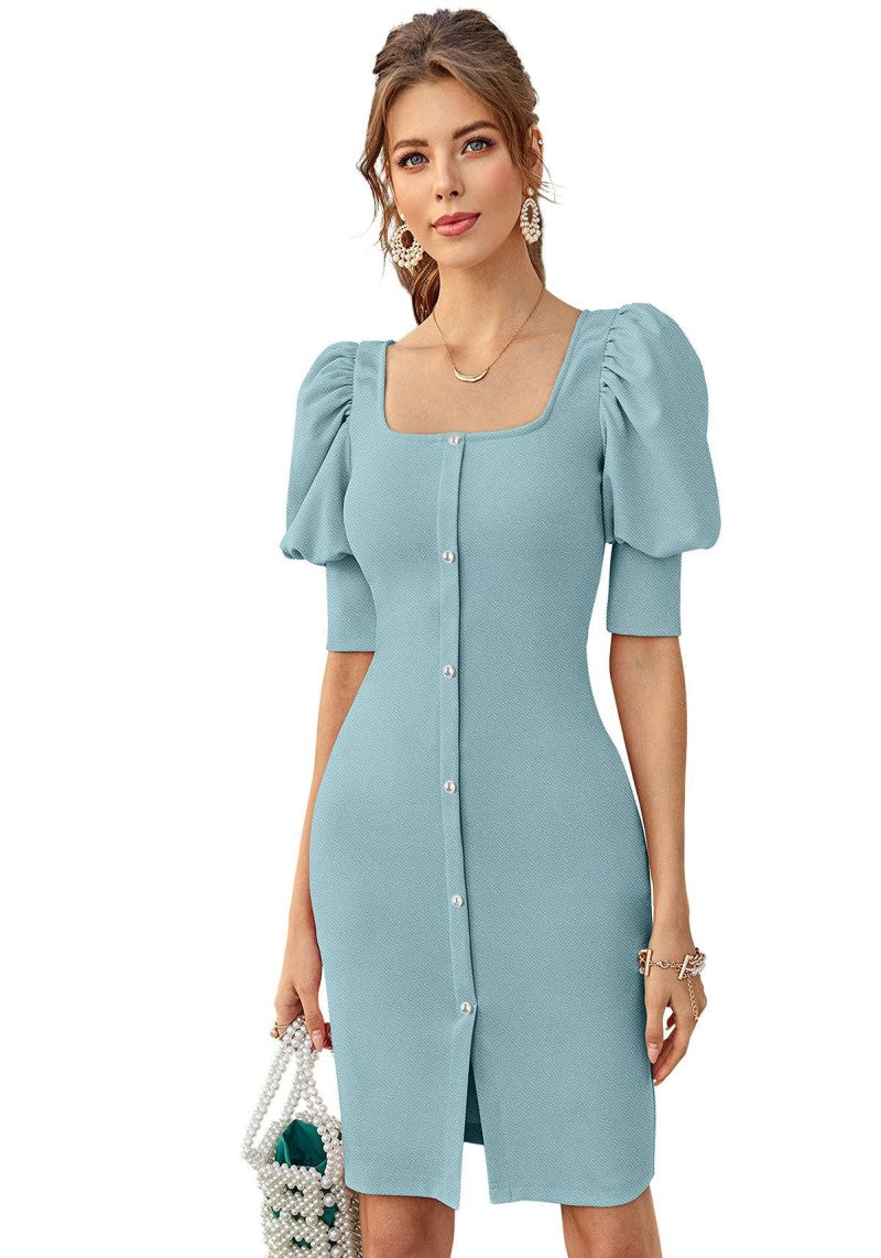 Stylish Square Neck Tapered Puff Sleeve Bodycon Dress