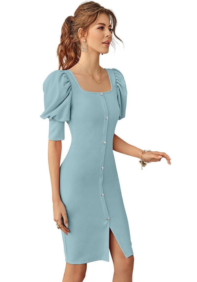 Square Neck Puff Sleeve Tiered Poplin Midi Dress | Express
