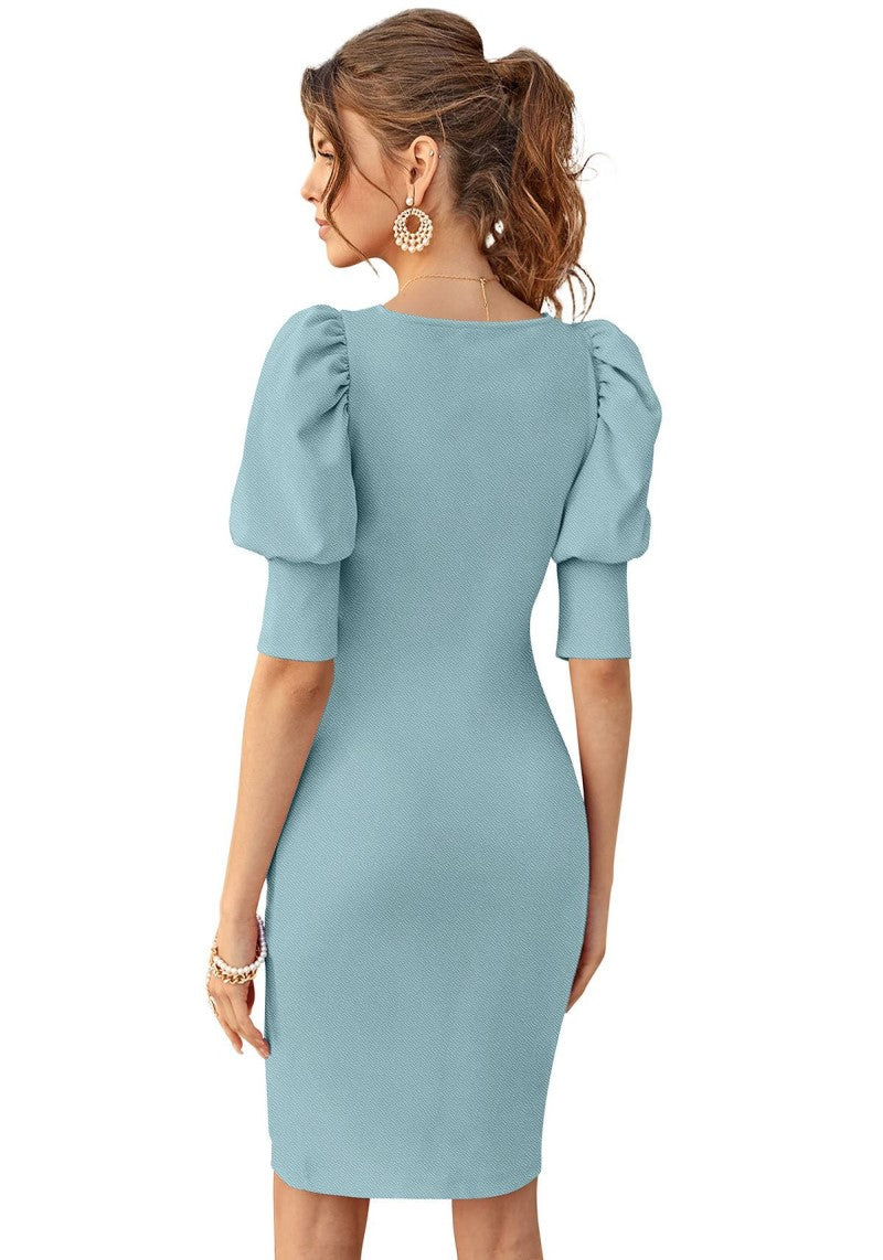 Stylish Square Neck Tapered Puff Sleeve Bodycon Dress
